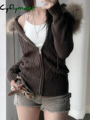 Cyflymder Solid Hooded Knitted Autumn Winter New Sweater Cardigan Women Long Sleeve Retro Causal Style Korean Sweater