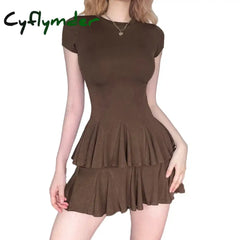 Solid Sexy Mini Bodycon Dress Short Sleeve O-Neck Vintage Ruffles Dresses for Women Y2k Clothes One Piece Outfits Prom Vestidos Cyflymder