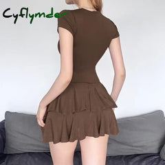 Solid Sexy Mini Bodycon Dress Short Sleeve O-Neck Vintage Ruffles Dresses for Women Y2k Clothes One Piece Outfits Prom Vestidos Cyflymder