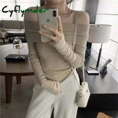 Cyflymder Solid Sexy Off Shoulder T-shirt Elegant Long Sleeve Tops Black Fashion Slim T Shirt Women Autumn Y2k Clothing