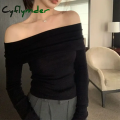 Cyflymder Solid Sexy Off Shoulder T-shirt Elegant Long Sleeve Tops Black Fashion Slim T Shirt Women Autumn Y2k Clothing