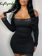 Cyflymder summer inspo Solid Slim Lace Trim Off Shoulder Long Sleeve Black Short Dress Women Elegant Sexy Party Dresses