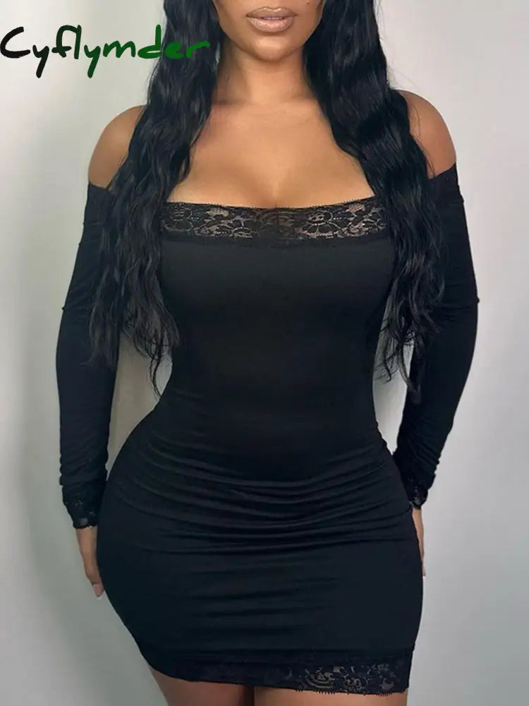 Cyflymder summer inspo Solid Slim Lace Trim Off Shoulder Long Sleeve Black Short Dress Women Elegant Sexy Party Dresses