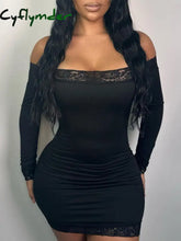 Cyflymder summer inspo Solid Slim Lace Trim Off Shoulder Long Sleeve Black Short Dress Women Elegant Sexy Party Dresses