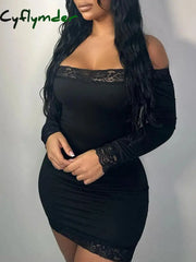 Cyflymder summer inspo Solid Slim Lace Trim Off Shoulder Long Sleeve Black Short Dress Women Elegant Sexy Party Dresses