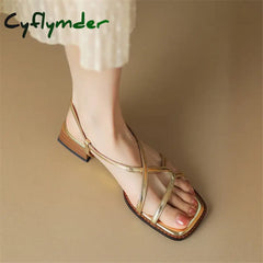 Cyflymder Split Leather Summer Sandals Square Toe Cowhide Roman Shoes Women Handmade Low Heel For