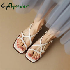 Cyflymder Split Leather Summer Sandals Square Toe Cowhide Roman Shoes Women Handmade Low Heel For