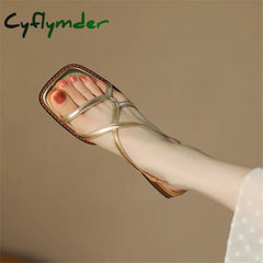 Cyflymder Split Leather Summer Sandals Square Toe Cowhide Roman Shoes Women Handmade Low Heel For