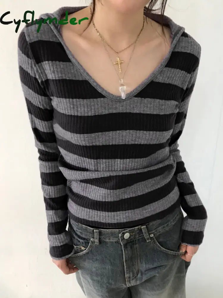 Cyflymder summer inspo Black Dark Gray Stripe Hooded T-Shirt Women V Neck Slim Long Sleeve Basic Spring Autumn Ribbed