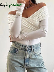 Cyflymder summer inspo Black Solid Off Shoulder Cross Elegant Sexy Slim Long Sleeve T-Shirt Women White Basic Cropped