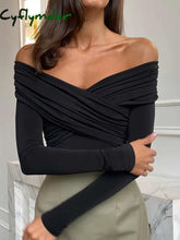 Cyflymder summer inspo Black Solid Off Shoulder Cross Elegant Sexy Slim Long Sleeve T-Shirt Women White Basic Cropped