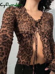 Cyflymder summer inspo Leopard Print Lace-Up Blouse Shirts Women Semi-Sheer Mesh Elegant Fashion Sexy Flared Sleeve
