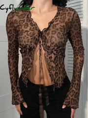 Cyflymder summer inspo Leopard Print Lace-Up Blouse Shirts Women Semi-Sheer Mesh Elegant Fashion Sexy Flared Sleeve