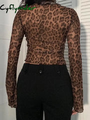 Cyflymder summer inspo Leopard Print Lace-Up Blouse Shirts Women Semi-Sheer Mesh Elegant Fashion Sexy Flared Sleeve
