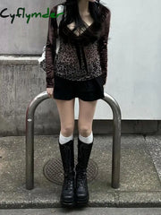Cyflymder summer inspo Y2k Retro Leopard Lace Trim V-Neck Blouses Women Velvet Long Sleeve Chic T-Shirt Trendy Clothes