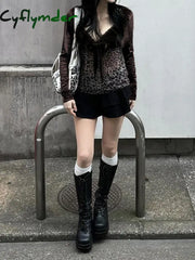 Cyflymder summer inspo Y2k Retro Leopard Lace Trim V-Neck Blouses Women Velvet Long Sleeve Chic T-Shirt Trendy Clothes