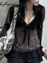 Cyflymder summer inspo Y2k Retro Leopard Lace Trim V-Neck Blouses Women Velvet Long Sleeve Chic T-Shirt Trendy Clothes