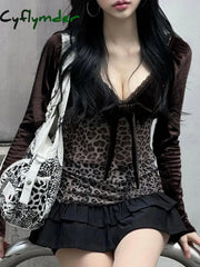 Cyflymder summer inspo Y2k Retro Leopard Lace Trim V-Neck Blouses Women Velvet Long Sleeve Chic T-Shirt Trendy Clothes