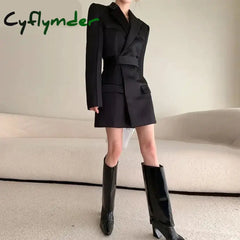 Cyflymder Spring and Autumn High end Waist Slimming Suit Coat Women Top Casual British Mid length Outwear Black Blazers