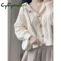 Cyflymder Spring and Autumn Horn-button Hooded Knit Sweater Coat Women Loose Outside Crop Top Gentle Soft Preppy Style