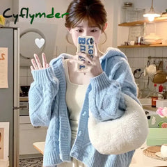 Cyflymder Spring and Autumn Horn-button Hooded Knit Sweater Coat Women Loose Outside Crop Top Gentle Soft Preppy Style