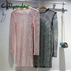 Cyflymder Spring And Summer New Shiny Full Diamond Slim Mid-Length Dress See-Through Hollow Evening