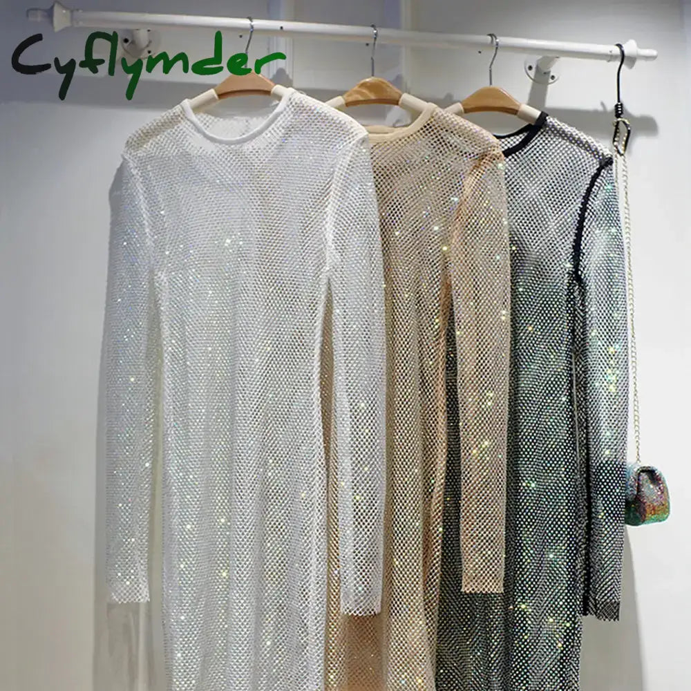 Spring and Summer New Shiny Full Diamond Slim Mid-length Dress See-through Hollow Evening Dress T-shirt Wild Bag Hip Skirt Women