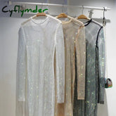 Spring and Summer New Shiny Full Diamond Slim Mid-length Dress See-through Hollow Evening Dress T-shirt Wild Bag Hip Skirt Women