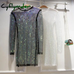Cyflymder Spring And Summer New Shiny Full Diamond Slim Mid-Length Dress See-Through Hollow Evening