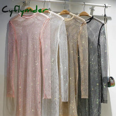 Cyflymder Spring And Summer New Shiny Full Diamond Slim Mid-Length Dress See-Through Hollow Evening