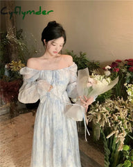 Cyflymder Spring And Summer Square Collar Blue Elegant French Retro Long-Sleeved Princess Prom