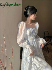 Cyflymder Spring And Summer Square Collar Blue Elegant French Retro Long-Sleeved Princess Prom