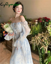 Spring and Summer Square Collar Blue Elegant French Retro Long-sleeved Princess Prom Dress Bohemian Temperament Floral Dresses