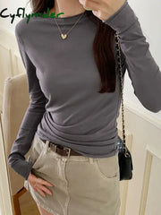 Cyflymder Spring Autumn T shirt Women Tops Solid Slim Fit Long Sleeve O Neck Tshirts Female Casual Streetwear High