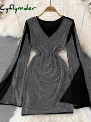Cyflymder Spring Autumn Women Sexy Diamonds Mini Dress Elegant V-Neck Split Long Sleeve High Waist Sheath Bodycon