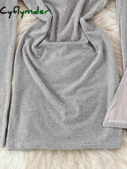 Cyflymder Spring Autumn Women Sexy Diamonds Mini Dress Elegant V-Neck Split Long Sleeve High Waist Sheath Bodycon