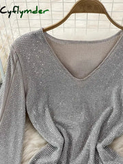 Cyflymder Spring Autumn Women Sexy Diamonds Mini Dress Elegant V-Neck Split Long Sleeve High Waist Sheath Bodycon