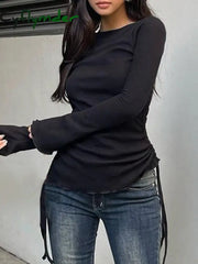 Cyflymder summer inspo Black Solid Ribbed O Neck Slim Long Sleeve Basic Long Sleeve T Shirt Women Side Shirring Lace-Up
