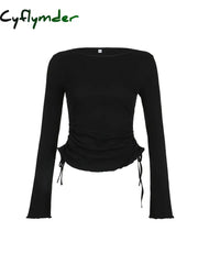 Cyflymder summer inspo Black Solid Ribbed O Neck Slim Long Sleeve Basic Long Sleeve T Shirt Women Side Shirring Lace-Up