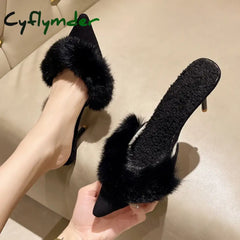 Cyflymder Spring Faux Fur Mules Slippers Women Pointed Toe Slip-On Thin Heels Sandals Woman Short Plush Lined Closed