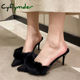 Cyflymder Spring Faux Fur Mules Slippers Women Pointed Toe Slip-On Thin Heels Sandals Woman Short Plush Lined Closed