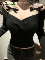 Cyflymder Spring Knitted Sweater Women Bow Fake Two Pieces Long Sleeve Slim Pullovers Black Chic Gothic Korean 2000s