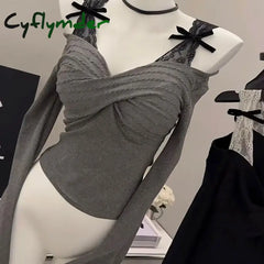 Cyflymder Spring Knitted Sweater Women Bow Fake Two Pieces Long Sleeve Slim Pullovers Black Chic Gothic Korean 2000s