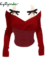 Cyflymder Spring Knitted Sweater Women Bow Fake Two Pieces Long Sleeve Slim Pullovers Black Chic Gothic Korean 2000s