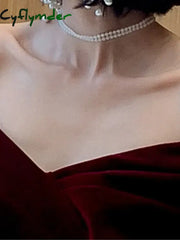 Cyflymder Spring Long Luxury Elegant Wine Red Soft Velvet Evening Party Wedding Dresses For Women