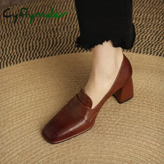 Cyflymder Spring New Genuine Leather Women Shoes Leisure Slip-On Shallow Pumps Square Toe Heels