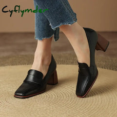 Spring New GENUINE LEATHER Women Shoes LEISURE Women Slip-On Shallow Pumps Square Toe Heels Shoes Women Zapatos De Mujer