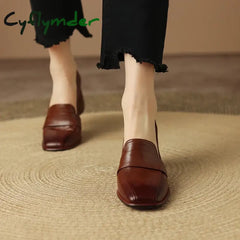 Cyflymder Spring New Genuine Leather Women Shoes Leisure Slip-On Shallow Pumps Square Toe Heels