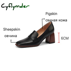 Cyflymder Spring New Genuine Leather Women Shoes Leisure Slip-On Shallow Pumps Square Toe Heels