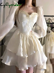 Cyflymder 2025 Spring Pure Color French Fairy Mini Dress Y2k Party Slim One Piece Dress Korean Design Lace Sweet Sexy